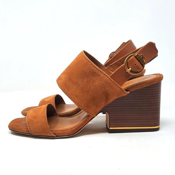 Tory Burch Selby 75MM Block Heel Sandals Silk Suede Ambra Tan 64760 Size 8.5 M - Picture 5 of 13
